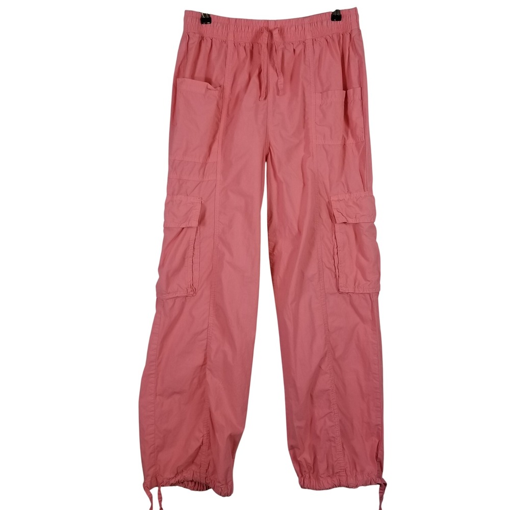 Aerie Women Pink Cargo Pants Medium Cotton Drawstring Waist Utility Wide Leg